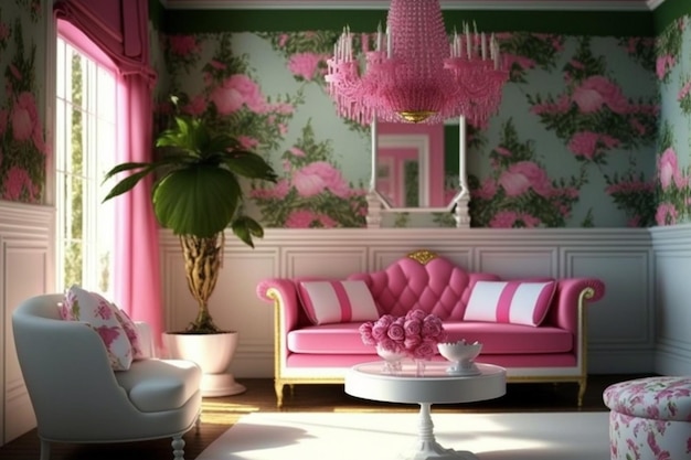 Salon z żyrandolem, kanapą i kwiatami na ścianie.