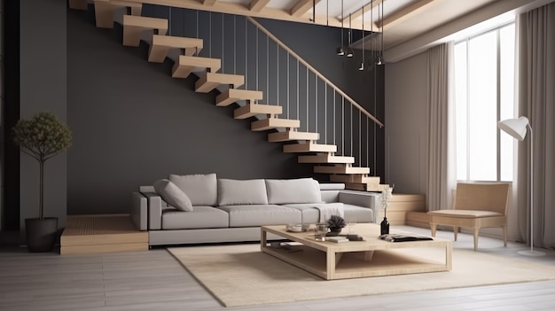 Salon ze schodami i kanapą z drewnianą ramą i białym dywanikiem.