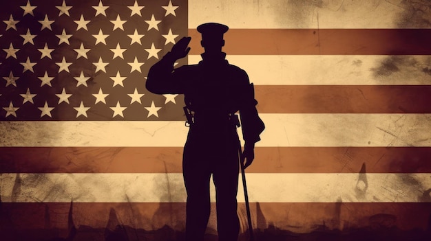 Salut żołnierza z amerykańską flagą na tle
