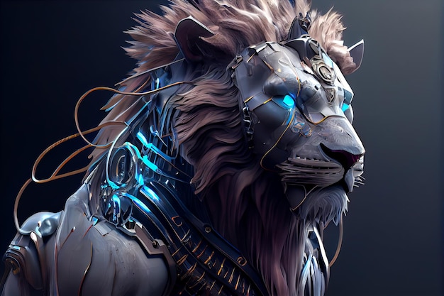 Samica lwa w metalowej zbroi i niebieskich światłach Generacyjna sztuczna inteligencja