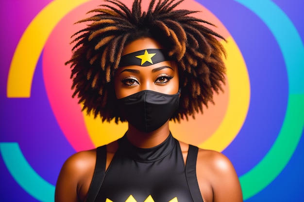 Samica superbohatera Afroamerykanów Portret czarnej kobiety n fantastyczny kostium i maska superbohatera Generacyjna sztuczna inteligencja