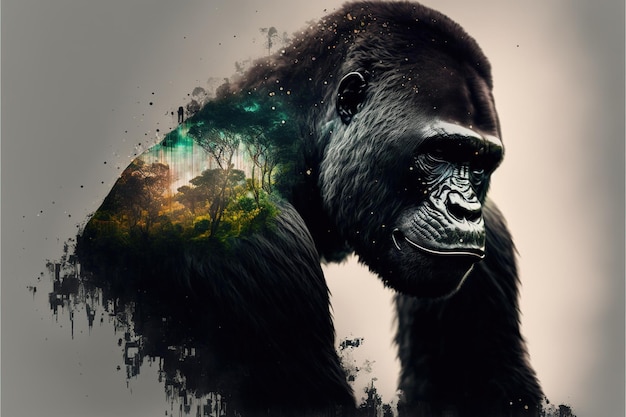 Samiec goryla z potężnym ramieniem i siłą o spokojnym spojrzeniu