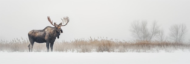 Samiec łosia rogowy na polu ze śniegiem zimą