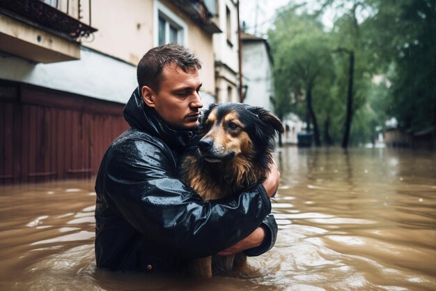 Samiec ratownik pomaga przerażonemu psowi ewakuować się podczas powodzi niszczycielskiej katastrofy naturalnej wygenerowanej przez sztuczną inteligencję