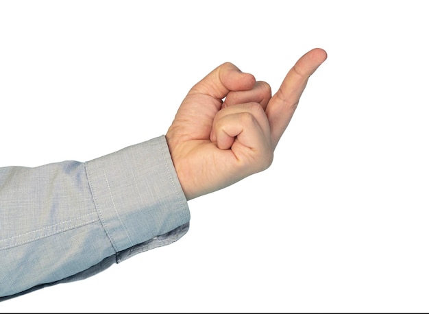 Zdjęcie samiec ręcznie na białym tle gesty pokazane ręką środkowy palec na białym tle