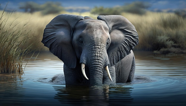 Samiec słonia afrykańskiego kąpie się w jeziorze
