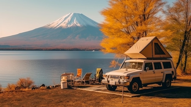 Samochód 4x4 z namiotem na dachu nad jeziorem z widokiem na górę Fuji jesienią w Japonii