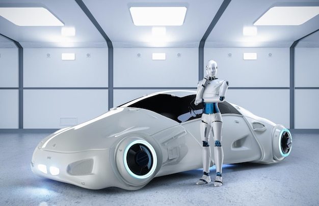 Samochód bez kierowcy lub samochód autonomiczny z kontrolą cyborga renderującego 3d