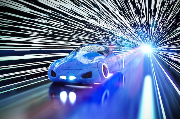 Samochód bez kierowcy lub samochód autonomiczny z samochodem renderującym 3d w lekkim tunelu kolejowym