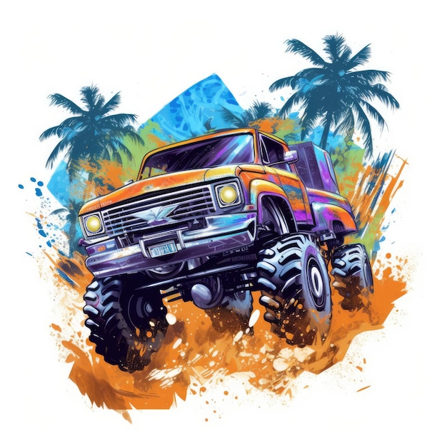 samochód ciężarówka jeep autobus lato tropikalna koszulka desing fale palma rozchlapać wektor żywy