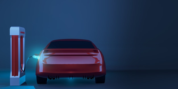 Samochód elektryczny EV z ładowaniem akumulatora na elektrycznej stacji ładowania ilustracja 3D