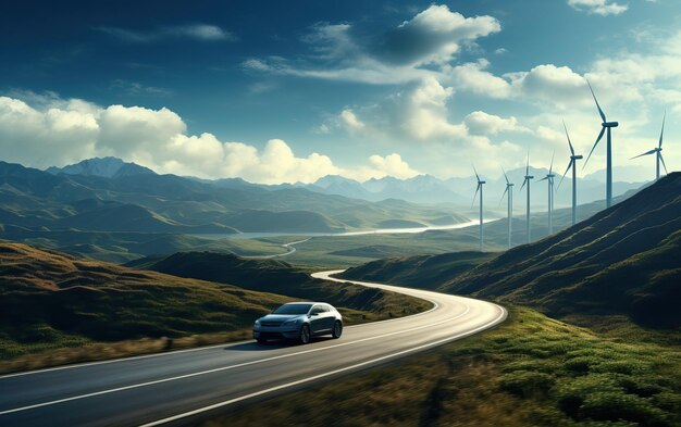 Samochód elektryczny na tle turbin wiatrowych samochód jeździ po górskiej drodze samochód elektryczny d