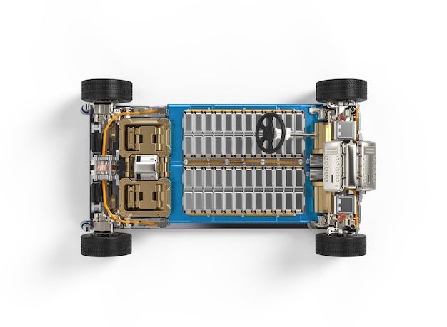 Samochód elektryczny z pakietem modułów akumulatorów na platformie