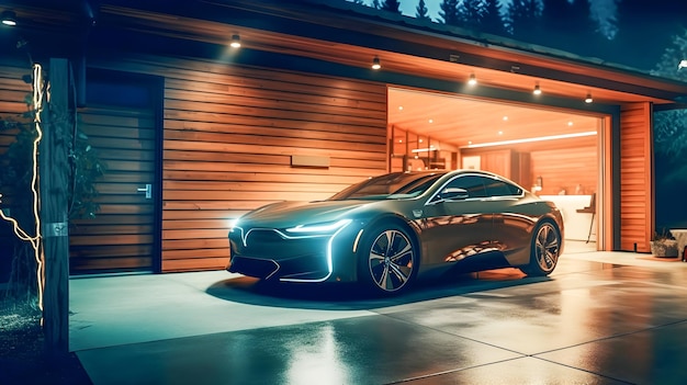 Samochód elektryczny zaparkowany z stacją ładowania w nowoczesnym ekologicznym domu z panelami słonecznymi i technologią inteligentnego domu Koncepcja energii odnawialnej