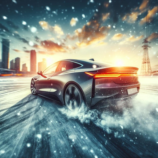 samochód elektryczny zimą jedzie szybko w mieście Hoon Snows Fishtail promień słońca o zachodzie słońca