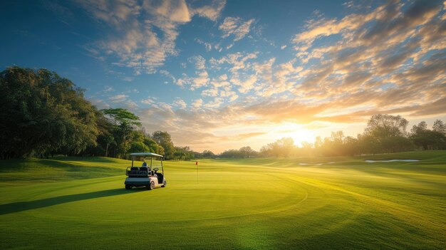 Samochód golfowy na polu golfowym w pobliżu dziury