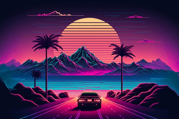 Samochód jadący drogą z górami w tle retrowave synthwave