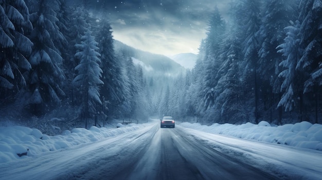 Samochód jadący po zaśnieżonej drodze