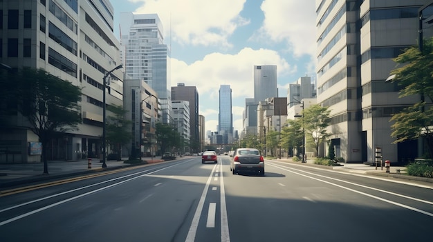 Samochód jadący ulicą miejską obok wysokich budynków Generatywna sztuczna inteligencja