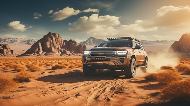 samochód jedzie po pustyni terenowej w porannym życiu przygodowym na świeżym powietrzu generowanym przez sztuczną inteligencję