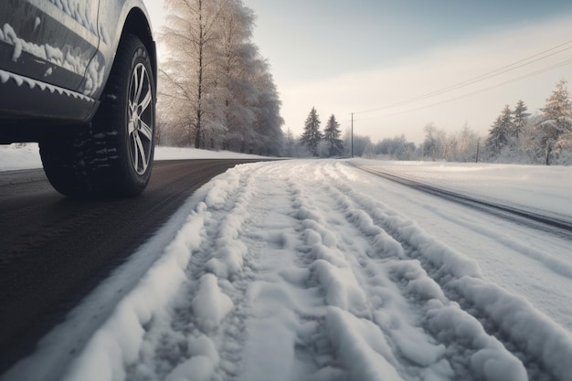 Samochód jedzie po zaśnieżonej drodze ze śniegiem na ziemi.