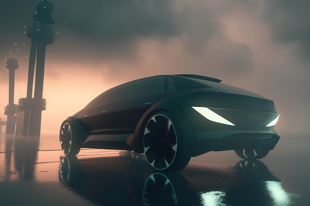 Samochód jedzie we mgle miasto widok z boku widok z boku samochód sportowy futurystyczny pojazd autonomiczny samochód HUD Generative AI