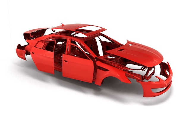 Samochód koncepcyjny pomalowany na czerwono nadwozie i zagruntowane części w pobliżu na białym tle renderowania 3d