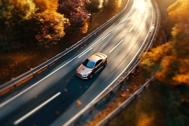 Samochód na autostradzie z zachodem słońca w tle