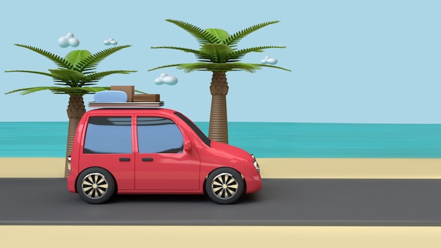 samochód na drodze plaży niebieski morze kokosowe palmy stylu cartoon renderowania 3d wakacje podróży koncepcja lato