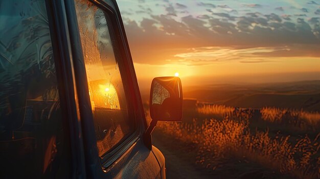 Zdjęcie samochód na drodze w górach o zachodzie słońca