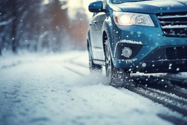 Samochód na zaśnieżonej drodze w zimowym lesie Niebezpieczeństwo jazdy na śliskiej drodze podczas zamieci