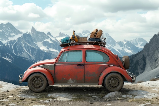 samochód podróżniczy z stojakiem na dachu i rzeczy w stylu retro na tle gór