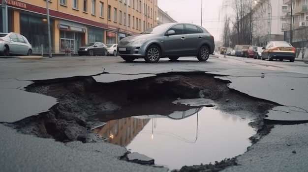 Samochód przejeżdża obok dziury na ulicy.