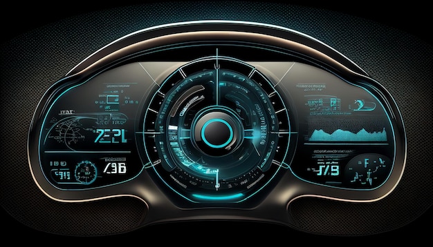Samochód przyszłości i graficzny interfejs użytkownika GUI połączony samochód inteligentny pojazd Internet rzeczy IoT Generacyjny wyświetlacz headup ze sztuczną inteligencją