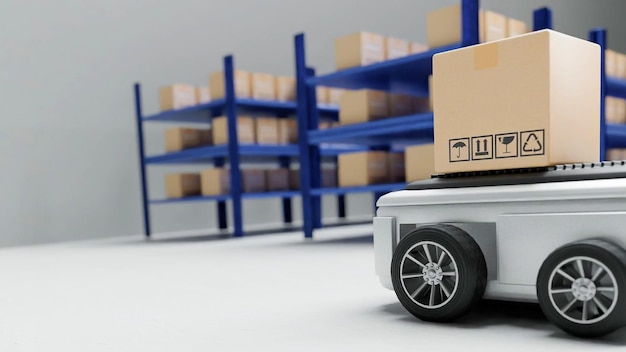 Samochód Robot transportuje ciężarówkę Skrzynka z interfejsem AI Obiekt dla technologii przemysłu produkcyjnego Eksport produktów i import przyszłości Cyber robotów w magazynie firmy Arm Mechanical future technology