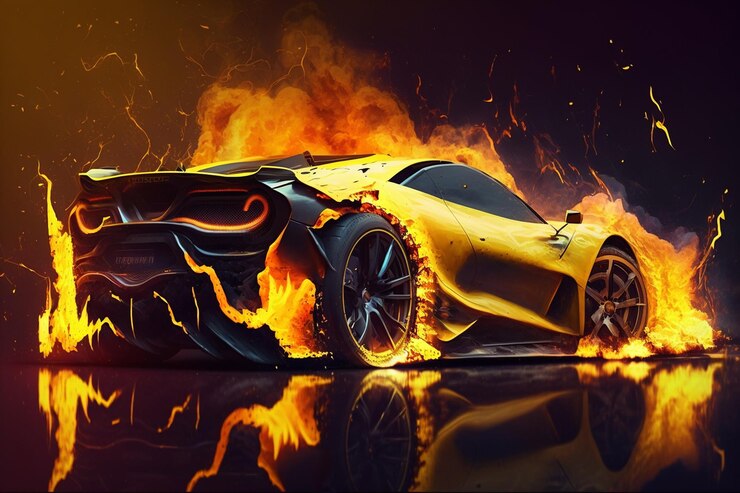 Samochód sportowy Fireball płonie w ogniu. tapeta obrazy ilustracji tła