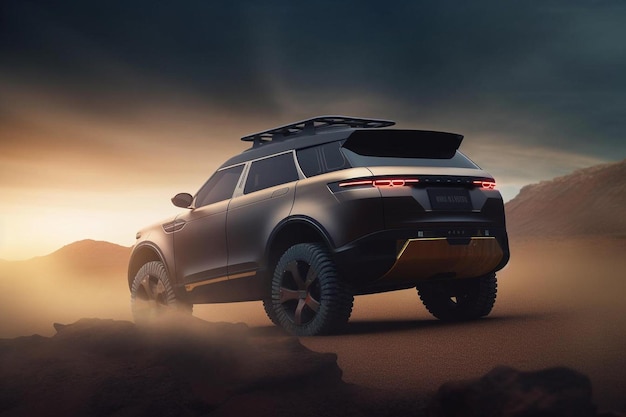 Samochód sportowy Land Rover jest pokazany na pustyni.