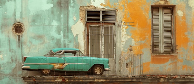 Samochód stoi na balkonie w starym mieście Surrealistyczny baner Retro transport
