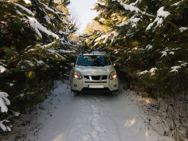 Samochód suv w zaśnieżonej przestrzeni kopii lasu