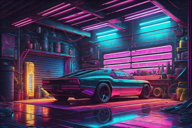 Samochód w garażu generujący światło neonowe AI