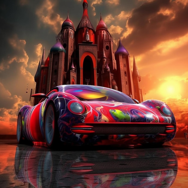 Samochód w jaskrawych kolorach przed zamkiem z sztuczną inteligencją generatywną zachodu słońca