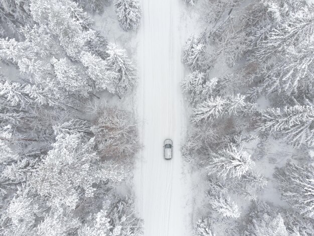 Samochód w pięknym zimowym śnieżnobiałym lesie Temat transportu samochodowego i mobilności