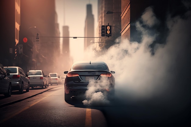 Samochód wyrzuca dym na ulicę z budynkami w tle generatywny ai