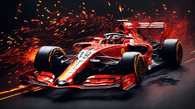 Samochód wyścigowy F1 jeden samochód widok z przodu czerwony i czarny kolor w zasadzie ogień z tyłu ultra realistyczny