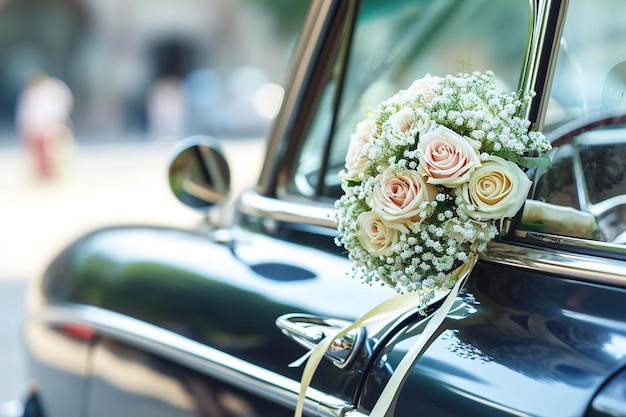 Zdjęcie samochód z bukietem kwiatów na boku