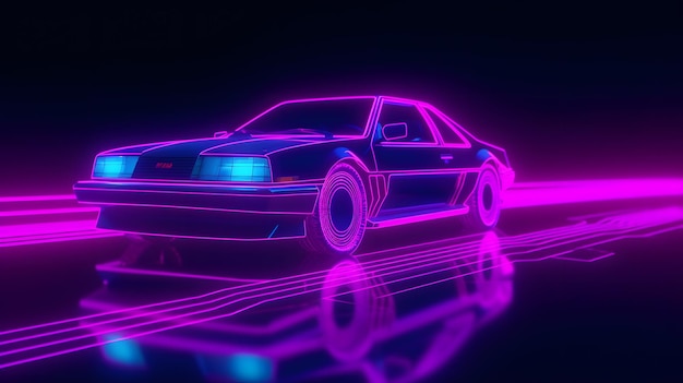 Samochód z odblaskową powierzchnią w neonowym stylu retrowave z estetyką anime i retrofuturystycznymi klimatami