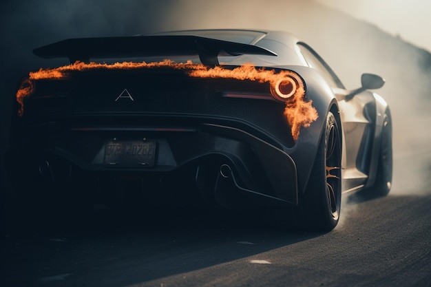 Samochód z ognistą kulą jedzie drogą z dymem w tle.