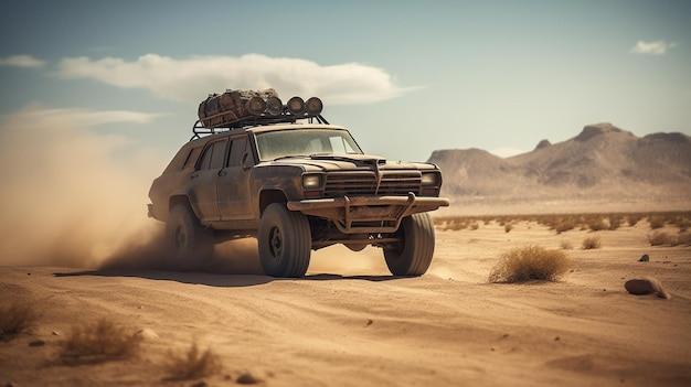 Samochód z przyczepą, na której widnieje napis „mad max”.