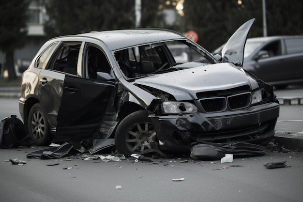 Samochód z rozbitą przednią szybą i napisem bmw