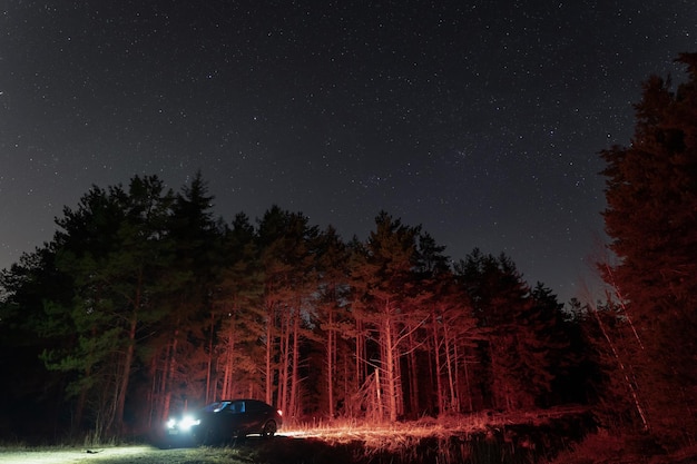 Samochód z włączonymi reflektorami w nocnym lesie z rozgwieżdżonym niebem jesienią Zdjęcie wysokiej jakości